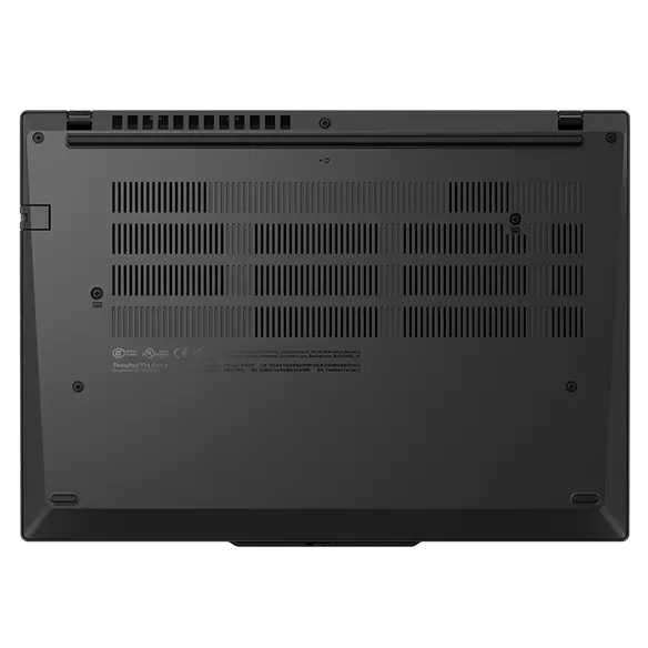 Vue du dessus du couvercle inférieur de l'ordinateur portable Lenovo ThinkPad T14 Gen 5 (14" AMD) Eclipse Black, avec les orifices d'aération à l'arrière.