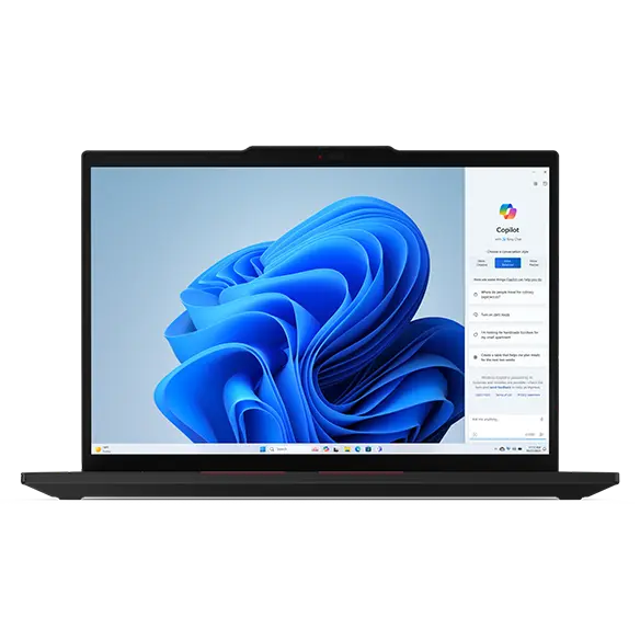 Gros plan, vue frontale de l'ordinateur portable Lenovo ThinkPad T14 Gen 5 (14" AMD) Eclipse Black avec le couvercle ouvert à 90 degrés, en mettant l'accent sur l'écran avec le menu Windows Copilot ouvert sur la droite de l'écran.