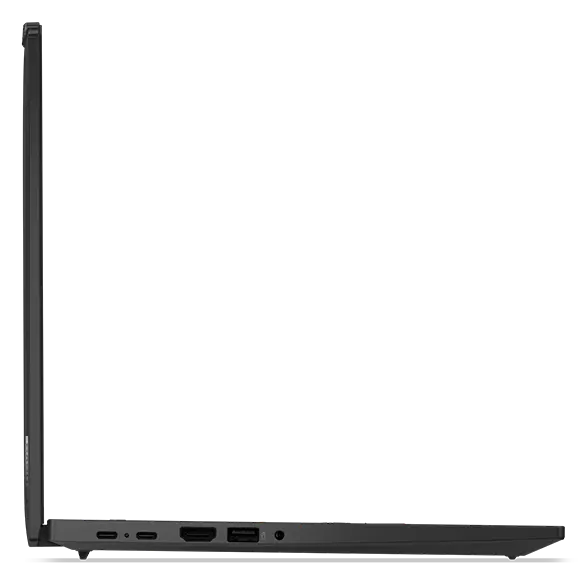 Vue latérale gauche de l'ordinateur portable Lenovo ThinkPad T14 Gen 5 (14" AMD) Eclipse Black avec le couvercle ouvert à 90 degrés, mettant en évidence son profil mince et ses ports latéraux gauches.