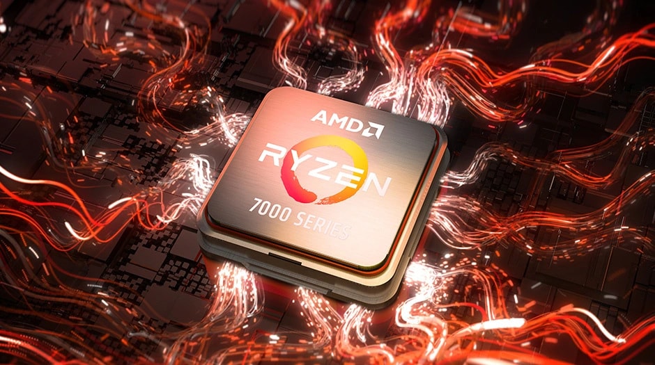 Closeup of an AMD Ryzen 7000 series CPU surrounded by red and white swirling lines