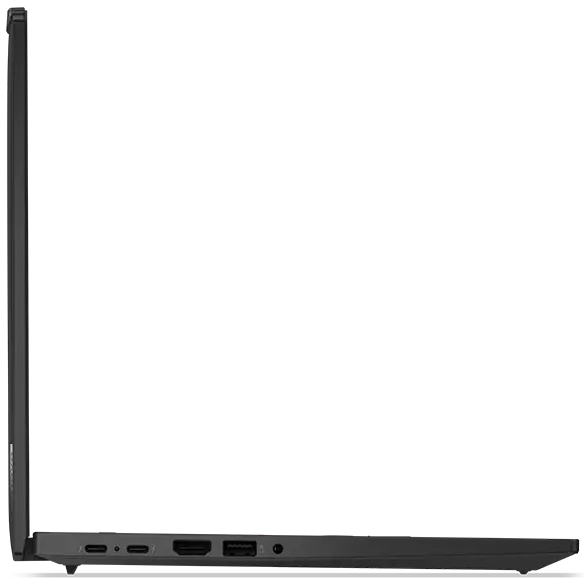 Vue de côté gauche de l’ordinateur portable Lenovo ThinkPad P14s Gen 5 (14 pouces avec processeur AMD) noir avec capot ouvert à 90 degrés, mettant en valeur son profil mince et les ports visibles du côté gauche.