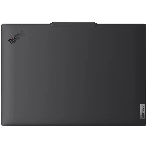Overhead shot of Lenovo ThinkPad P14s Gen 5 (14'' AMD) black laptop with closed lid, focusing its top cover & the Communications Bar with visible ThinkPad & Lenovo logos.