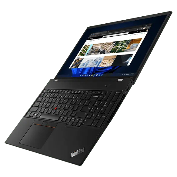 Right side view of ThinkPad P16s (16&quot; AMD) mobile workstation, angled at 45 degrees, opened flat, showing keyboard and display with Windows 11