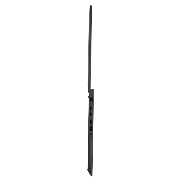 Vue de profil du côté droit du portable Lenovo ThinkPad P16s Gen 2 (16" Intel), ouvert à plat, posé verticalement, montrant les ports et les bords de l’écran et du clavier