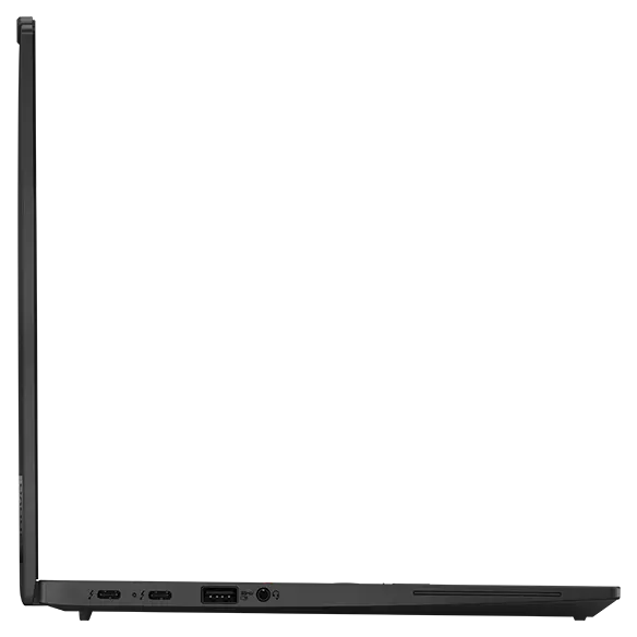Left side view of Lenovo ThinkPad X13 Gen 5 laptop, open 90 degrees.