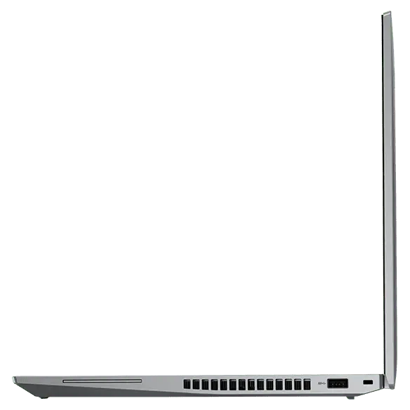 Vue de profil du côté droit du portable Lenovo ThinkPad P16s Gen 2 (16" Intel) ouvert à 90 degrés, montrant les bords de l’écran et du clavier
