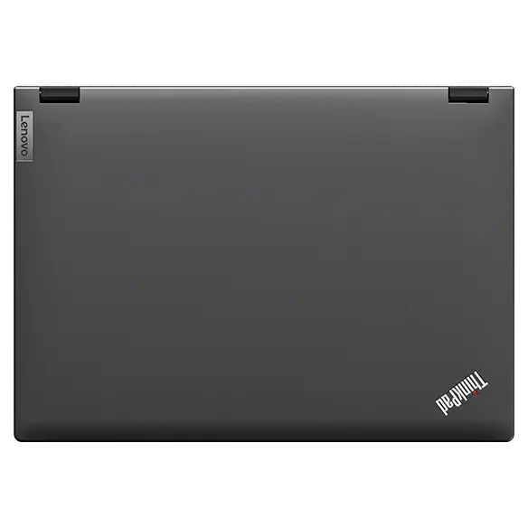 Vue aérienne de la station de travail portable Lenovo ThinkPad P16v (16 » Intel), fermée, montrant le couvercle supérieur, les charnières, et les logos Lenovo et ThinkPad