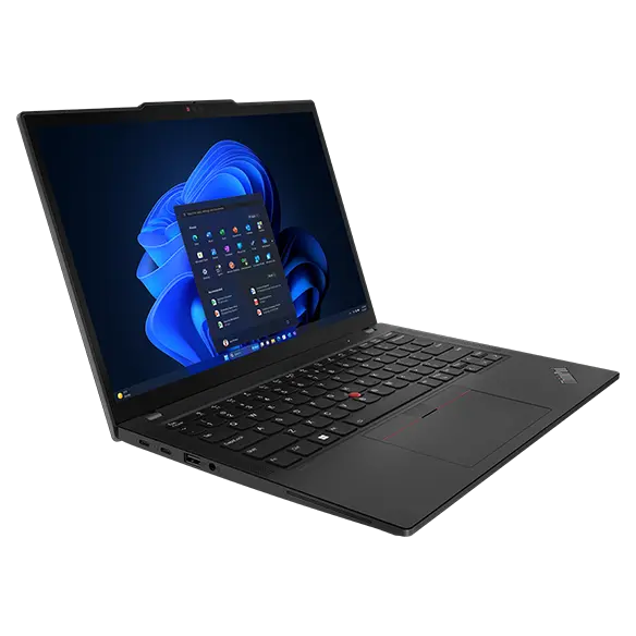 Front left view of Lenovo ThinkPad X13 Gen 5 laptop, open 110 degrees.