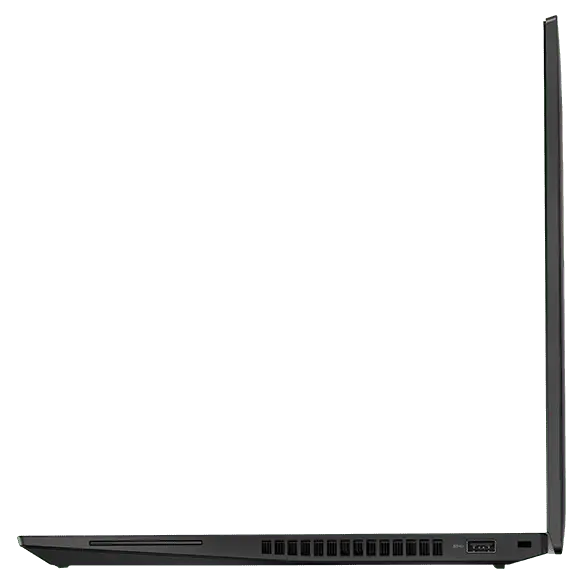 Profil droit de la station de travail portable ThinkPad P16s (16 » AMD), ouverte à 90 degrés, ouverte à plat, montrant le bord du clavier et de l’écran, plus les ports