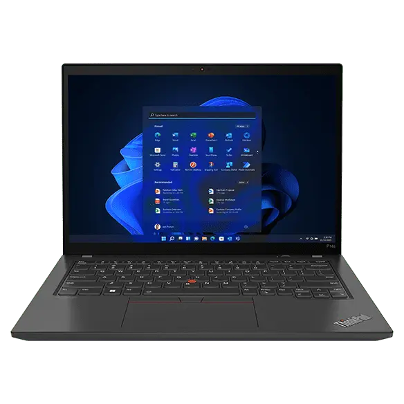 ThinkPad P14s Gen 4 (14″ Intel) draagbaar workstation – vooraanzicht van de linkerzijde, klep geopend, met weergave van het Windows-menu op het beeldscherm