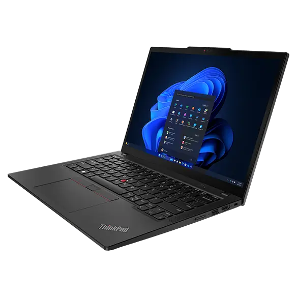 Front right view of Lenovo ThinkPad X13 Gen 5 laptop, open 110 degrees.