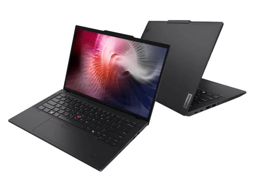To bærbare PC-er fra Lenovo ThinkPad T-serien flytende, rygg-mot-rygg, med sølv på toppen og svart under.