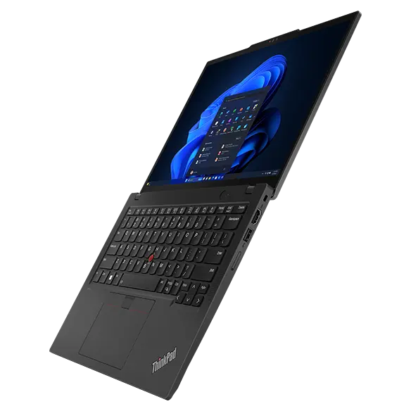 Lenovo ThinkPad X13 Gen 5 laptop, open 180 degrees, angled to show display & keyboard.