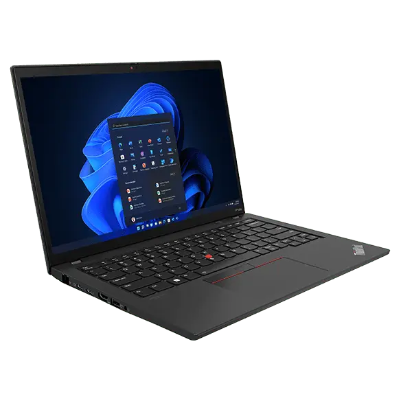 ThinkPad P14s Gen 4 (14&quot; Intel) portable workstation – front view from the left, lid open, with Windows menu on the display