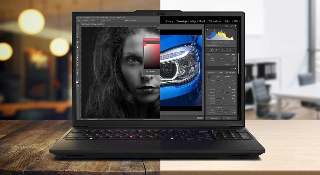 Close-up, front view of Lenovo ThinkPad P16s Gen 3 (16 inch Intel) black laptop, displaying a striking contrast between two apps one focusing a black & white portrait & a colorful car detail on the other.