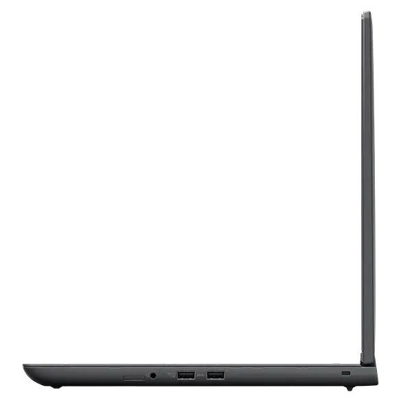 Profiel van de rechterzijde van het Lenovo ThinkPad P16v (16″ AMD) mobiele workstation, 90 graden geopend, met weergave van de randen van het beeldscherm en het toetsenbord, en de poorten aan de rechterzijde