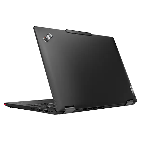 Rear view of Lenovo ThinkPad X13 2-in-1 Gen 5 laptop, showing hinges and right-side ports.