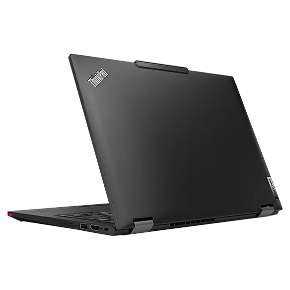 Vista trasera del portátil Lenovo ThinkPad X13 2-in-1 Gen 5, que muestra las bisagras y los puertos del lado derecho.