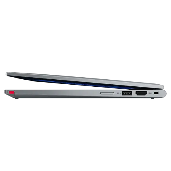 Close-up, right-side view of a barely open ThinkPad X13 Yoga Gen 4 convertible laptop