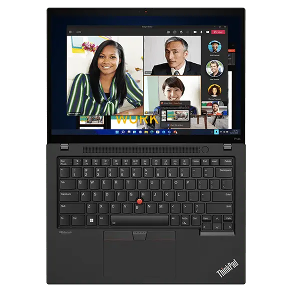 ThinkPad P14s Gen 4 (14&quot; Intel) portable workstation – laying flat, lid open all the way, with videoconference on the display