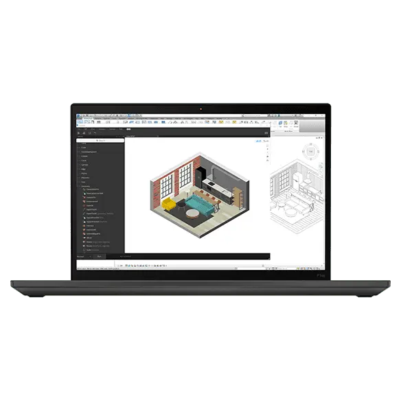 ThinkPad P14s Gen 4 (14″ Intel) draagbaar workstation – verkort vooraanzicht, klep geopend, met weergave van een ontwerpstudio-app op het beeldscherm