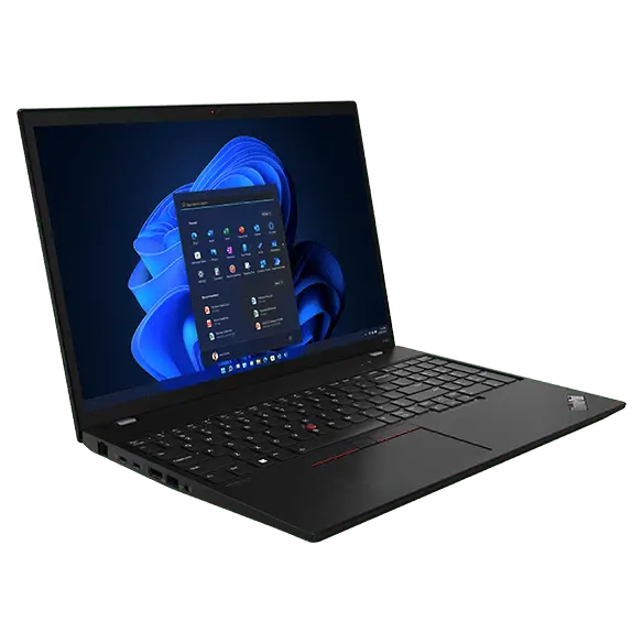 Zijwaarts gerichte Lenovo ThinkPad P16s Gen 2-laptop (16″ Intel), geopend, met weergave van foto's op het beeldscherm, plus toetsenbord en poorten aan de linkerzijde