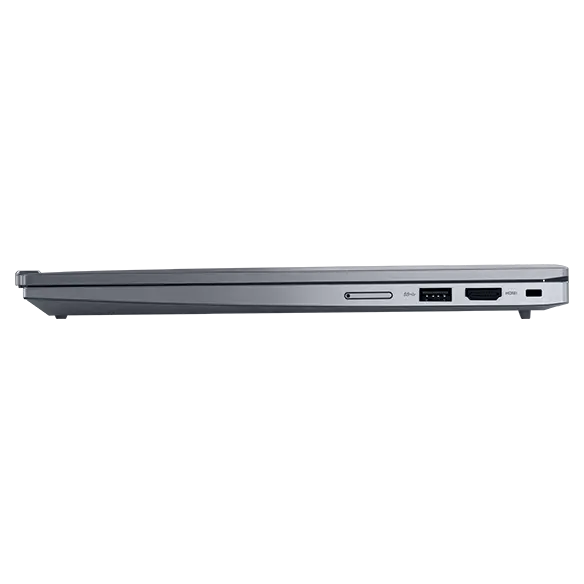 Couvercle fermé, profil droit du portable Lenovo ThinkPad X13 Gen 4 en gris arctique, montrant les ports et les fentes.