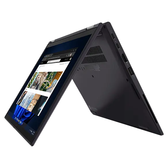 Left side view of ThinkPad X13 Yoga Gen 3 (13&quot; Intel) in tent mode, showing display