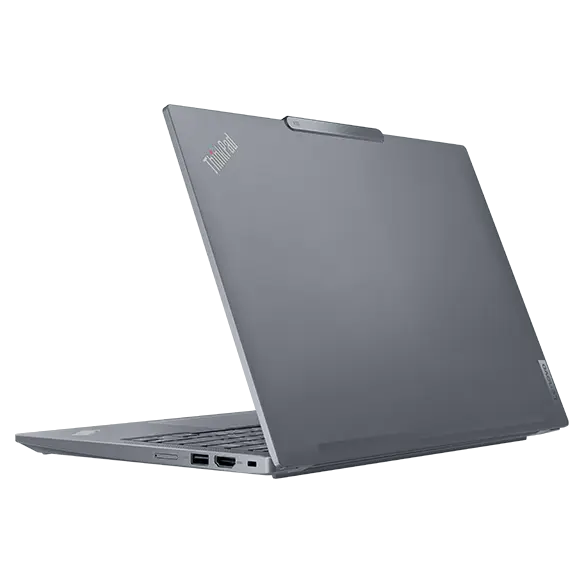 Vue arrière du portable Lenovo ThinkPad X13 Gen 4 en gris arctique montrant le couvercle supérieur et les ports du côté droit en angle.