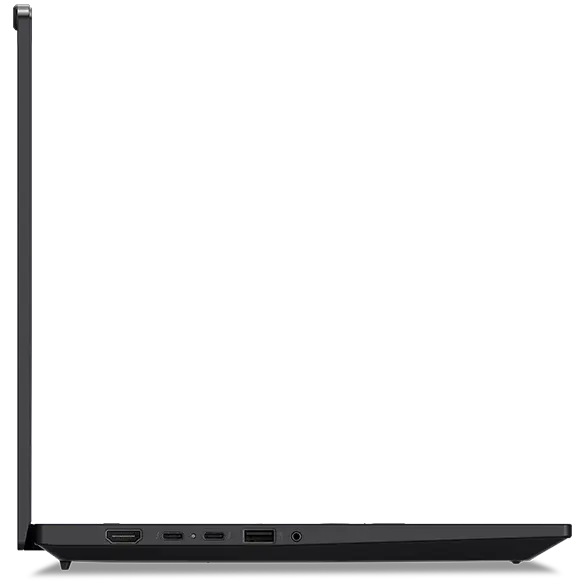 Left side view of Lenovo ThinkPad P14s Gen 5 (14 inch Intel) black laptop with lid opened 90 degrees, focusing its left side profile & visible ports.