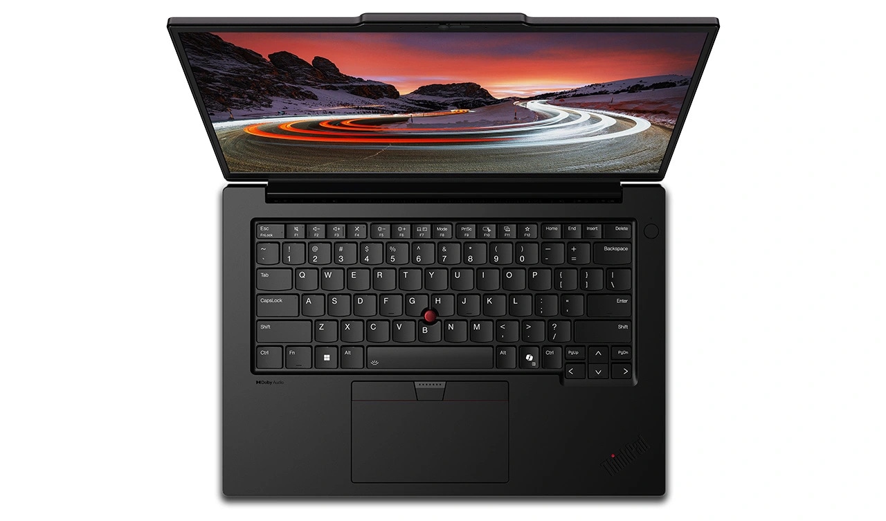 Overhead shot of the Lenovo ThinkPad P14s Gen 5 (14 inch Intel) black laptop, focusing its keyboard frame built with recycled magnesium-aluminum content & display with a screen saver opened on its screen.