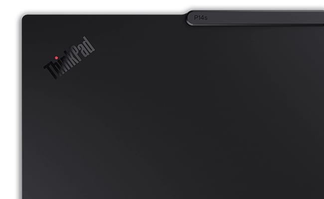 Cut-short left side view of Lenovo ThinkPad P14s Gen 5 (14 inch Intel) black laptop with closed lid, focusing its top cover and Communications Bar with a visible ThinkPad logo on the top left.