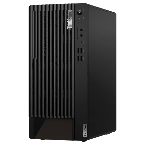 Front-facing Lenovo ThinkCentre M90t Gen 5 tower angled slightly to show right side.