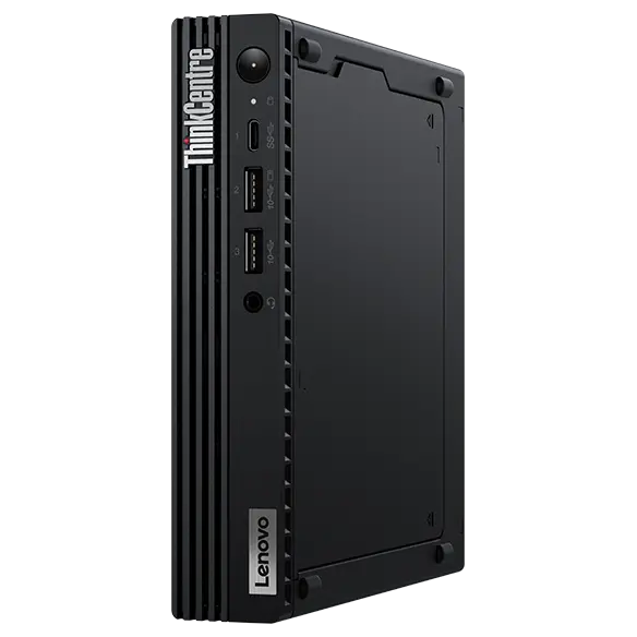 Forward-facing Lenovo ThinkCentre M70q Gen 4 Tiny (Intel) PC, at a slight angle, showing front panel & ports, Lenovo & ThinkCentre logos, & right-side panel