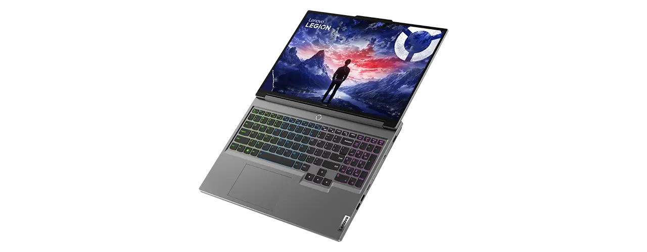 Fully opened Legion 5i laptop with display on and RGB keyboard