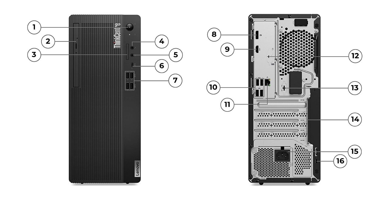 Mặt trước và mặt sau của máy tính để bàn dạng tháp Lenovo ThinkCentre M70t Gen 5, hiển thị các cổng được gắn nhãn 1-7 & 8-16.