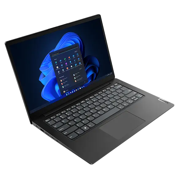 Lenovo V14 Gen 4 laptop open 90 degrees, showcasing both the display with Windows 11 Pro and the keyboard. 
