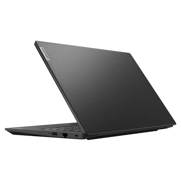 A partially-open Business Black Lenovo V14 Gen 4 (Intel) laptop, viewed from the rear-right corner