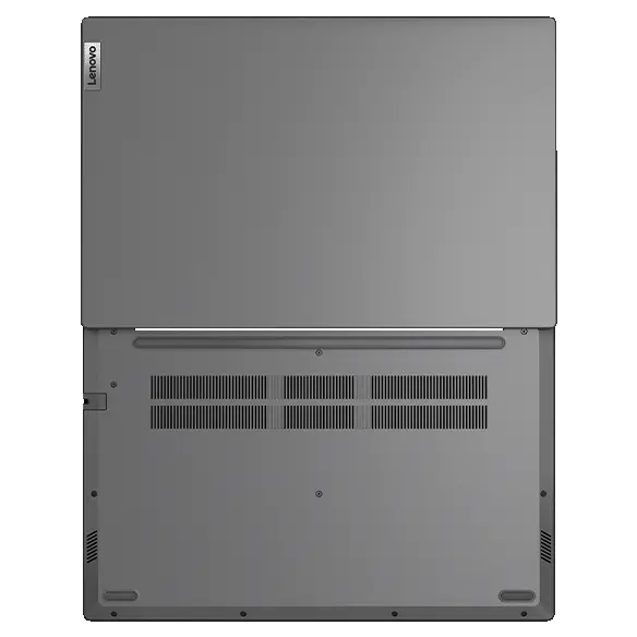 Aerial view of Lenovo V15 Gen 3 (15&quot; Intel) laptop, opened flat 180 degrees, showing top and rear covers