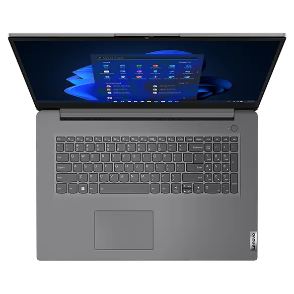 Aerial view of Lenovo V17 Gen 3 laptop, open 180 degrees, showing keyboard & display (with Windows 11 start-up menu)