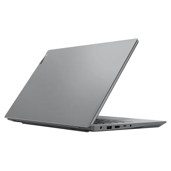 Rear view of the Lenovo V14 Gen 4 laptop in Arctic Grey, angled to show left-side ports.