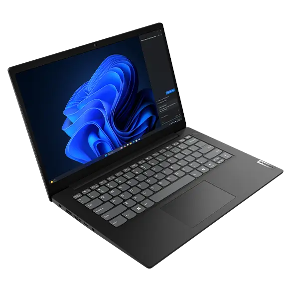 Front-facing Lenovo V14 Gen 5 (Intel 14-inch) laptop in Business Black, showcasing 14-inch display with Windows 11 Pro, left side ports.