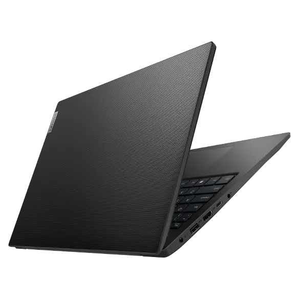 Left side view of Lenovo V15 Gen 3 (15” AMD) laptop, opened slightly in a V-shape, showing front cover and part of keyboard