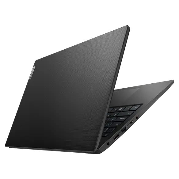 Rear view of Lenovo V15 Gen 3 (15&quot; Intel) laptop, opened 25 degrees in a V-shape at a light angle, showing top cover and part of keyboard