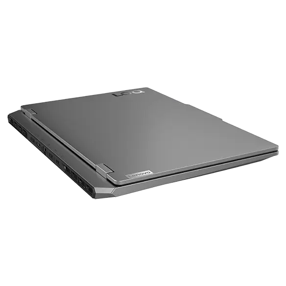 Lenovo LOQ 15IAX9 gaming laptop – aerial view, lid closed, laptop at angle, showing LOQ logo, & right-side ports