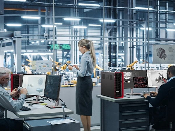 Engineers in a modern factory looking at technical design on monitors, with Lenovo ThinkStation P7 workstations on their desks