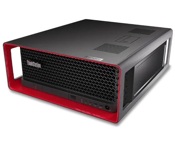 Rack-optimized Lenovo ThinkStation P57 workstation, laid horizontally , at an angle, showing front panel & ports, plus top & right-side panel