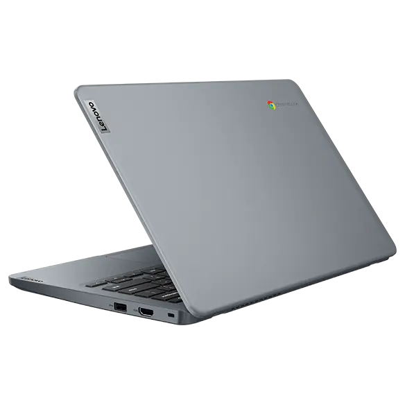 Lenovo 14e Chromebook (14” Intel) – right rear view, with lid partially open