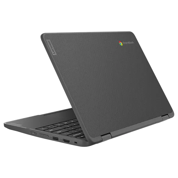 Eye-level, rear-right corner view of a Lenovo 500e Yoga Chromebook 2-in-1 Gen 4 laptop open 70°