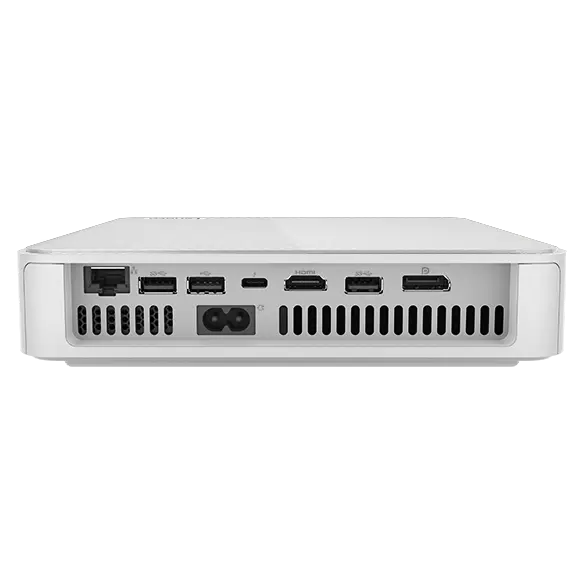 The back-side includes ethernet, 3 USB-A ports, Thunderbolt 4 port, HDMI & a power connector on the Lenovo IdeaCentre Mini Gen 8  desktop.